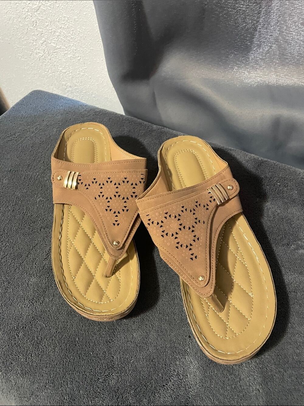 Women's Tan Perforated Thong Sandals - Comfortable Everyday Style